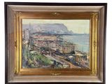 tableau représentant une vue de ville avec un train sur les rails