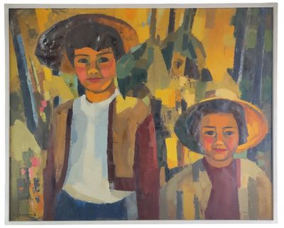 painting of two children with hats standing in front of a yellow background