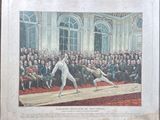 painting of fencing match in front of a large crowd of people