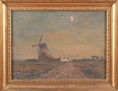 une peinture à l'huile représentant un moulin à vent dans un champ, avec la lune dans le ciel