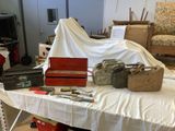 a table with many items on it in a room