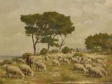 tableau représentant un troupeau de moutons paissant dans un champ, avec un arbre en arrière-plan