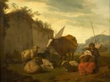 a painting of a woman and a cow in a field