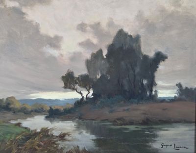 painting of a landscape with a river and trees in the foreground