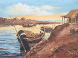 une peinture représentant un bateau au bord de l'eau