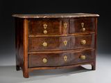 an antique chest of drawers with marble top and brass handles