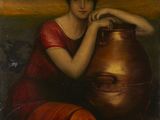 un tableau représentant une femme en robe rouge assise à côté d'un grand pot