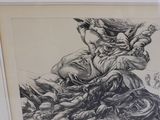 drawing of a man on a horse being attacked by a demon