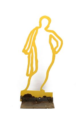 statue of a man standing on top of a base with his hands on his hips