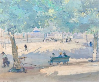 a painting of people sitting on a bench in a park
