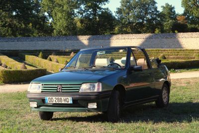a green car that is parked in the grass