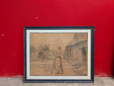 tableau représentant une femme debout devant un mur rouge