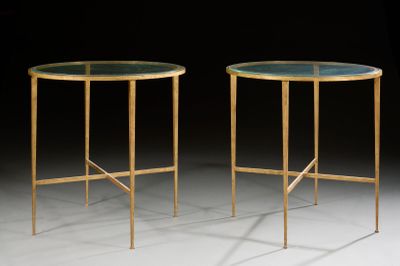 pair of brass side tables with green glass tops