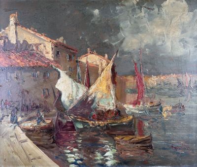 a painting of boats in a harbor with buildings in the background