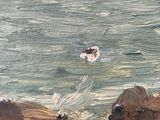 a painting of a dog swimming in the water