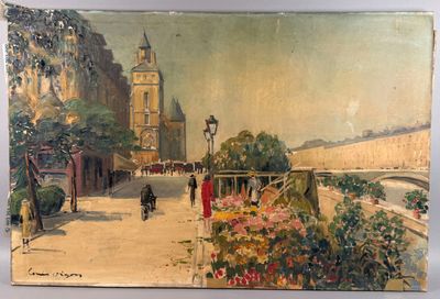 painting of a painting of a street scene with a church in the background