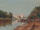 a painting of a view of a river with boats on it