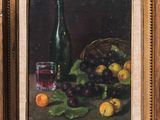 a painting of grapes, apples, and a bottle of wine on a table