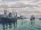 une peinture d'un port avec des bateaux dans l'eau