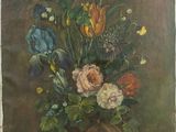 une peinture à l'huile représentant des fleurs dans un vase sur une table