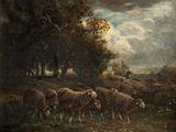 a painting of a herd of sheep in a field