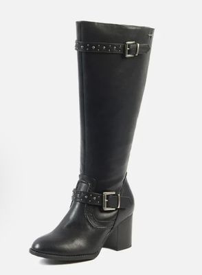 a close up of a pair of black boots on a white background