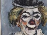 painting of a clown wearing a top hat and a white shirt