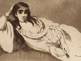drawing of a woman laying on the ground with her hand on her head