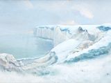 un tableau représentant un paysage enneigé avec un bateau sur l'eau
