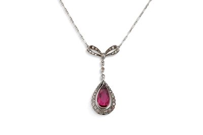 Collier“Nœud” Tourmaline poire et diamants taille rose Plati…