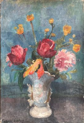 une peinture de fleurs dans un vase sur une table