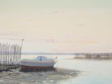 a painting of a boat on the shore of a lake