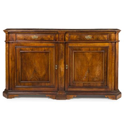 an antique walnut sideboard with two doors and two drawers