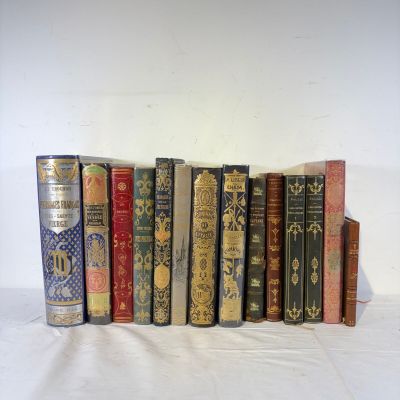 de nombreux livres anciens alignés sur une surface blanche