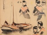 dessin représentant un bateau avec des personnes à bord et un homme portant un chapeau de marin