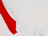 an abstract painting of a woman in a red dress on a white background