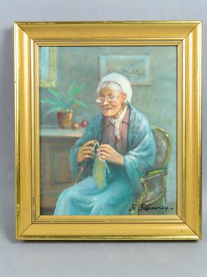 painting of an old woman sitting in a chair with a crochet