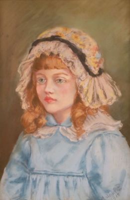 tableau représentant une jeune fille vêtue d'une robe bleue et d'un bonnet