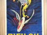 painting of a poster of a man riding a motorcycle with a toilet in the back