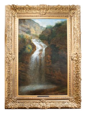 une image représentant un tableau d'une cascade dans les montagnes
