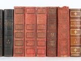 plusieurs vieux livres sont alignés sur une surface blanche