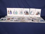 several cards of women ' s fashions on a table with a blue background
