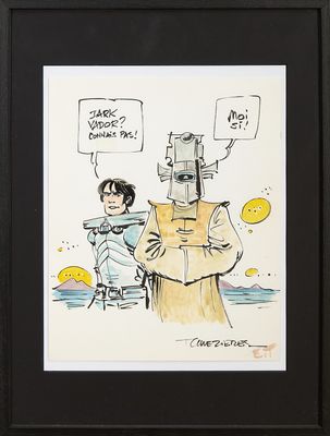 cartoon of a man with a robot on his head holding a sign