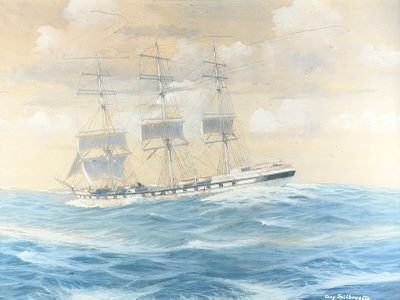 a painting of a ship in the ocean with a sky background