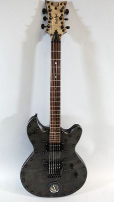 an image of a black electric guitar on a white background