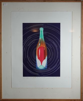 peinture représentant une bouteille de vin contenant un liquide rouge