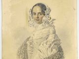 un vieux dessin représentant une femme en robe blanche avec un voile