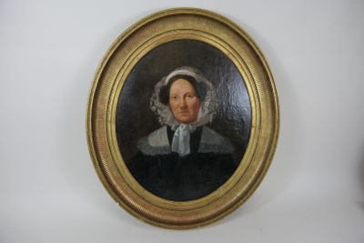 portrait of a woman in a black dress with a white bonnet