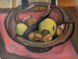 une peinture représentant une coupe de fruits sur une table