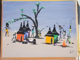a painting of a group of people on a beach